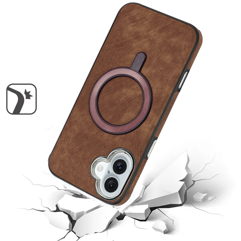 For Apple iPhone 16 (6.1") PU Vegan Leather Chrome Edged Hybrid Hard PC TPU Rubber Compatible with MagSafe Case Cover