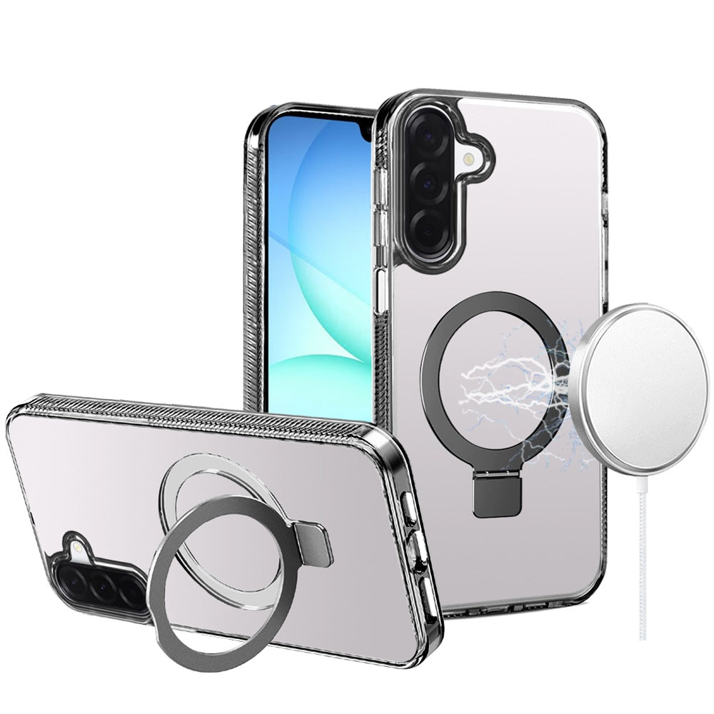 For Samsung Galaxy S25 Fan Edition /Galaxy S25 FE Transparent Magnetic Ring Circle Stand with MagSafe Compatible Hybrid Dotted Edged Hard PC Shockproof Case Cover Black