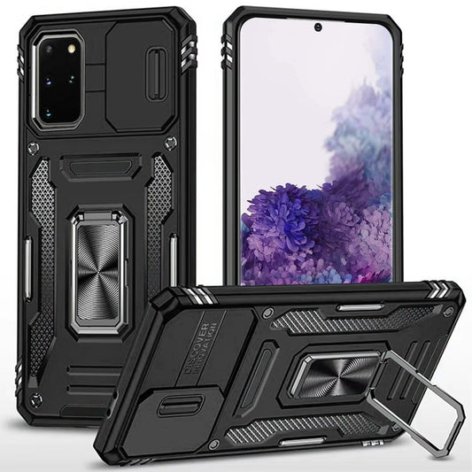 For Samsung Galaxy S20 Ultra Tough Hybrid Case with Movable Camera Window & Metal Ring Stand Shockproof Case Cover Black