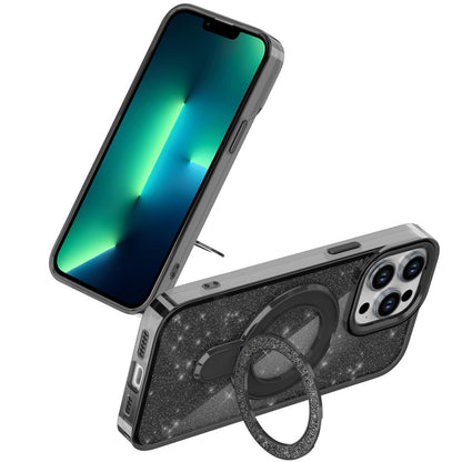 For Samsung Galaxy S25 Fan Edition /Galaxy S25 FE Transparent Glitter Bling Case with Rotating Magnetic Ring Stand, Shockproof Hybrid Case Cover Black