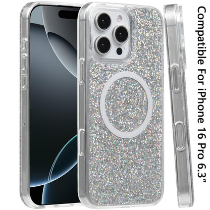 For Apple iPhone 16 Pro Max (6.9") Transparent Epoxy Glitter Magnetic Circle Compatible with MagSafe Hybrid Bling Sparkle Hard PC Slim TPU Case Cover