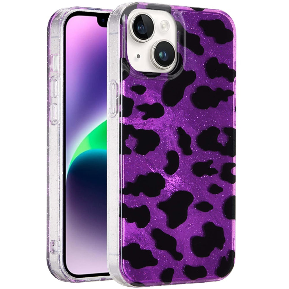 For Apple iPhone 15 Glitter Leopard, Fashion Design Animal Skin Print Slim IMD TPU Dual Layer Shockproof Protective Case Cover