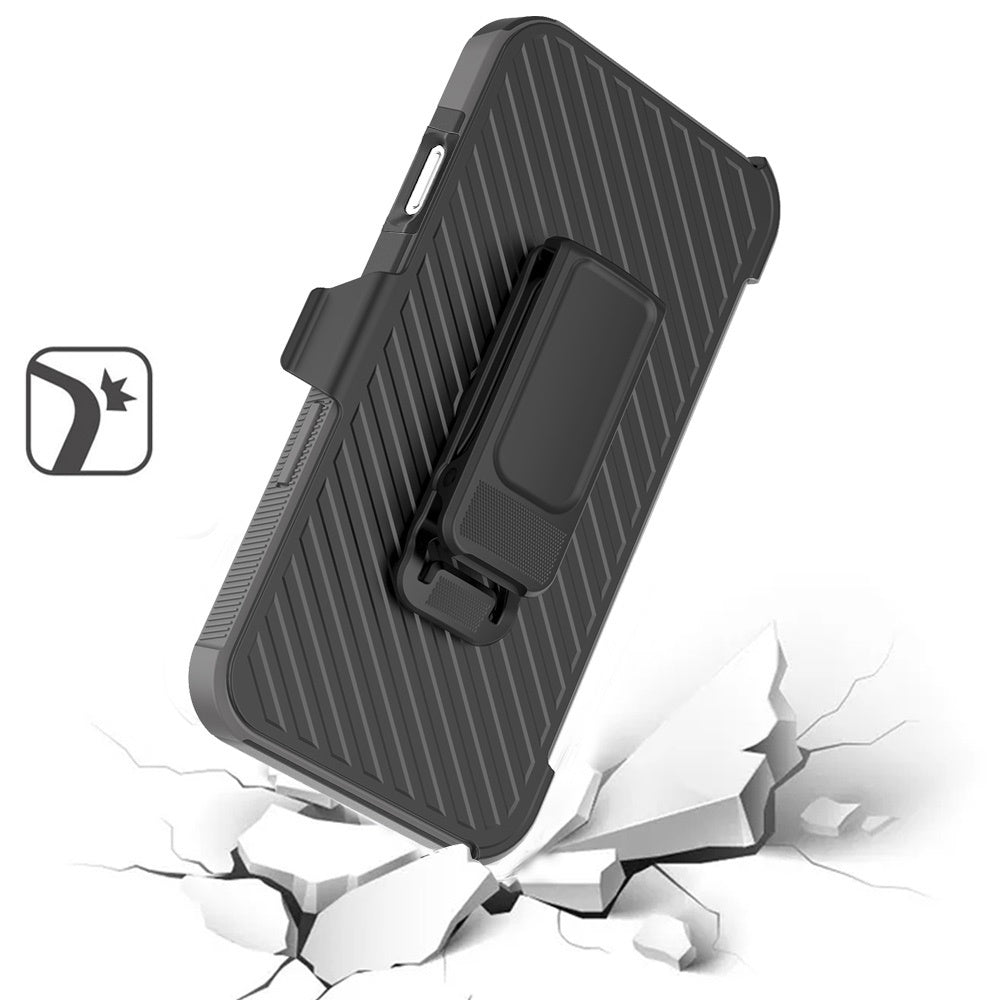 For Apple iPhone 16 Pro (6.3") Combo Hybrid lined with Belt Clip Holster Armor Shockproof Rugged Textured 2in1 Non Slip Tough Case Cover Black / Gray
