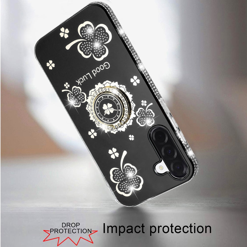 For Samsung Galaxy S25 Fan Edition /Galaxy S25 FE Diamonds Bling All Around Edges Sparkly Glitter Hybrid with Ring Stand Holder Fashion Good Luck Case Cover Black