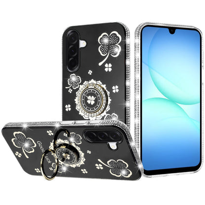 For Samsung Galaxy S25 Fan Edition /Galaxy S25 FE Diamonds Bling All Around Edges Sparkly Glitter Hybrid with Ring Stand Holder Fashion Good Luck Case Cover Black