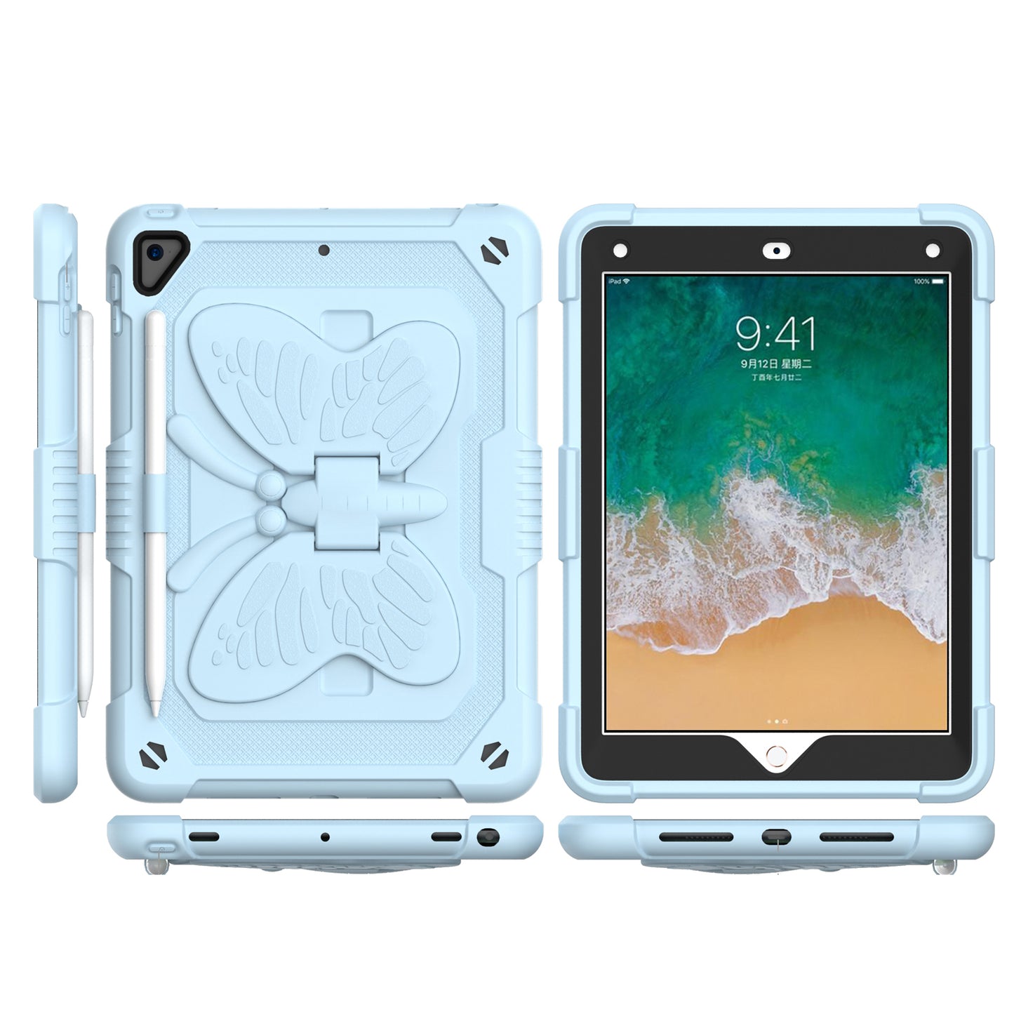 For Butterfly Wings Kickstand 3in1 Tough Hybrid with Pencil Holder Heavy Duty Rugged Shockproof Full Protective Light Blue Tablet Case Cover