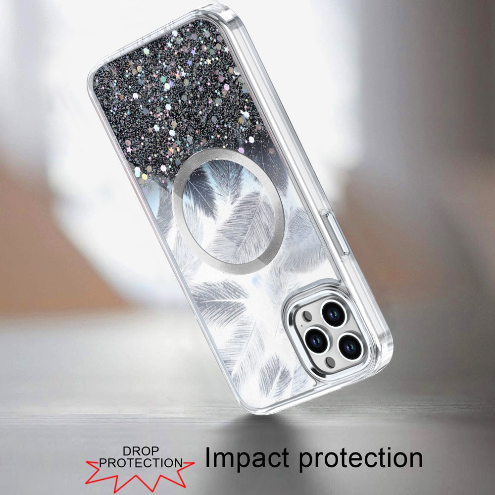 For Apple iPhone 15 Pro Max Epoxy Glitter Shimmer Fashion Case with Magnetic Magsafe Compatible Hybrid Sparkling Slim Protective Case Cover Black
