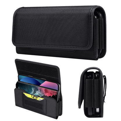 For Apple iPhone 16 Pro (6.3") Universal Dual Horizontal Nylon Case For Two Phone Carrying Pouch Large Cover with Card Storage Pocket & Belt Clip Loop Holster [Black]