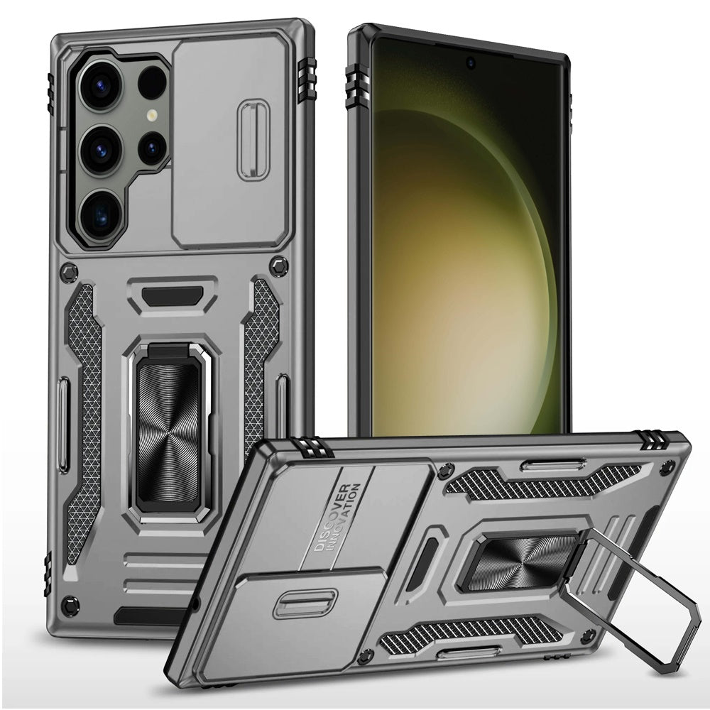 For Apple iPhone 16e Tough Hybrid Case with Movable Camera Window & Metal Ring Stand Shockproof Case Cover Gray