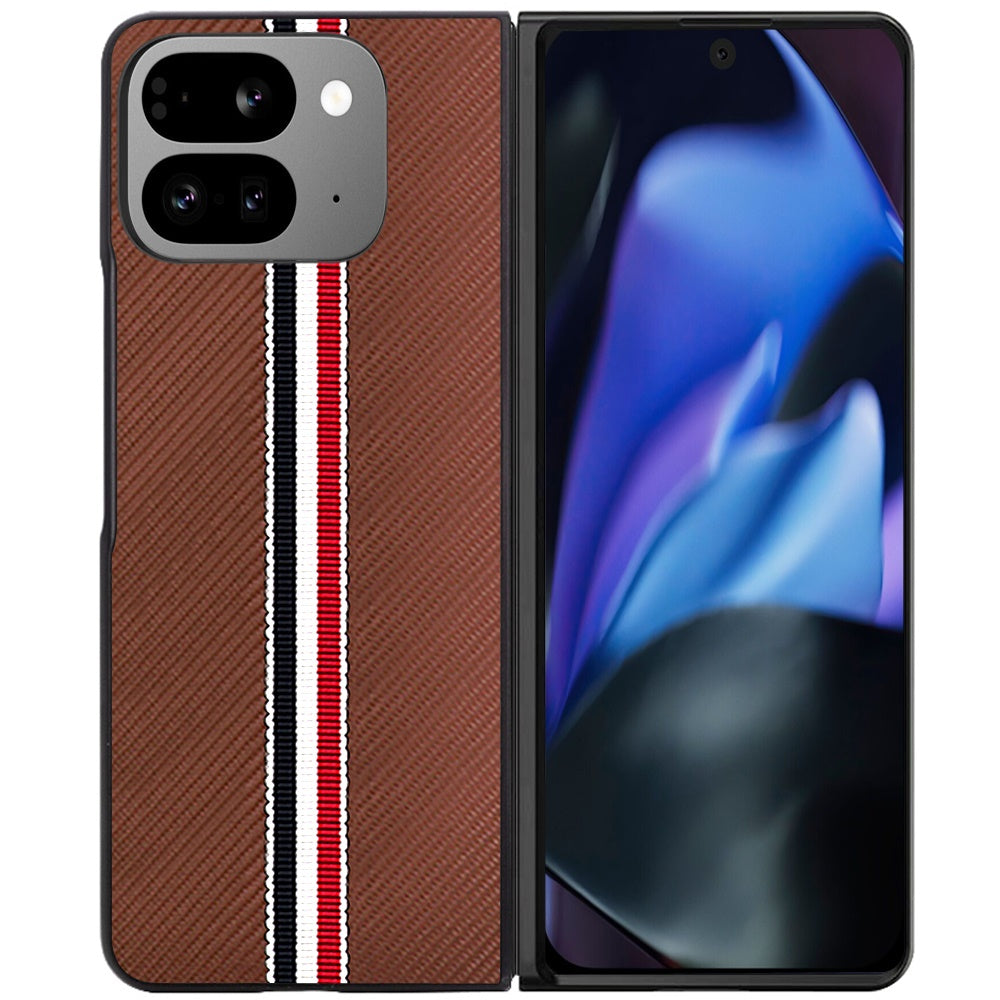 For Google Pixel 10 Pro Fold Velvet Fabric PU Vegan Leather, Premium Flip Design, Slim Snap-On Hard PC + TPU Case Cover Brown