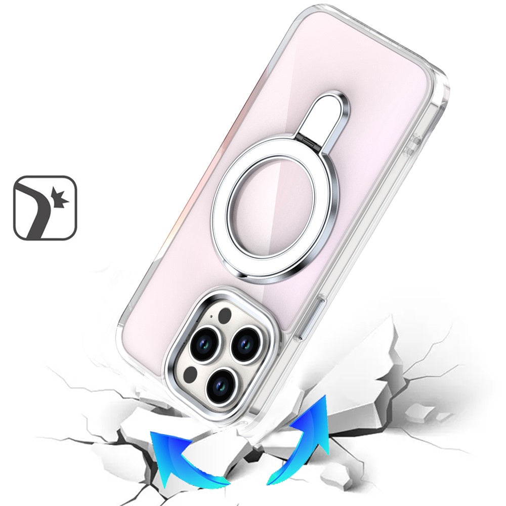 For Apple iPhone 13 Pro Max Chrome Hybrid with Rotating Magnetic Circle Ring Stand, Slim Shockproof Hybrid Case Cover