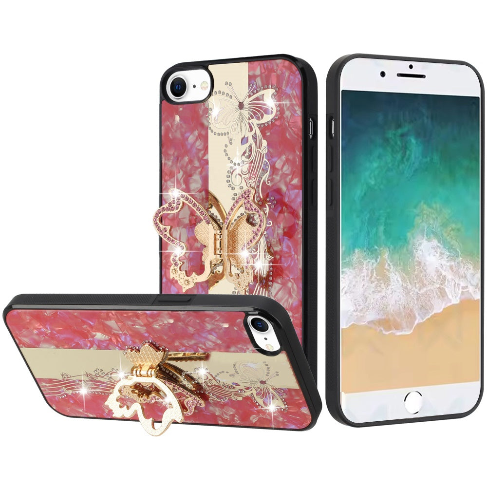 For Apple iPhone SE 4 Diamonds 3D Butterfly Bling Sparkly Glitter Ornaments Engraving Hybrid with Stand Fashion Case Cover Enchanted Butterfly Red