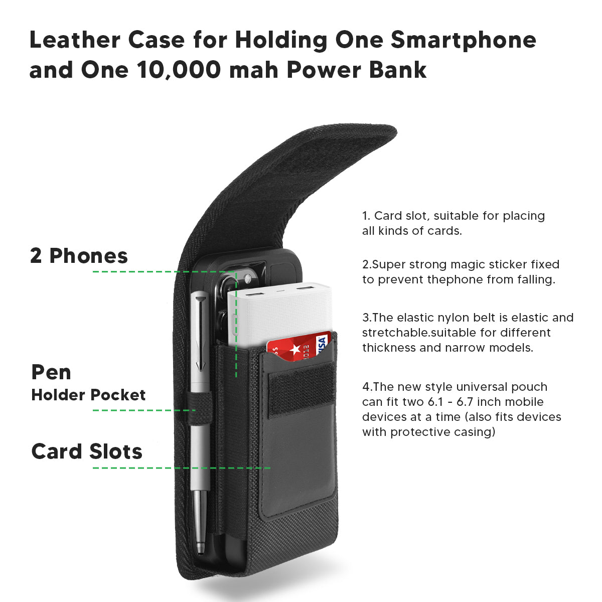 For Apple iPhone 16 Pro (6.3") Vertical Double Phone Cover Universal Nylon Canvas Holster Pouch Pocket For 2 Phone with Credit Card Slot with Belt Clip Hook and Loop fit XL Device Size 6.3" [Black]