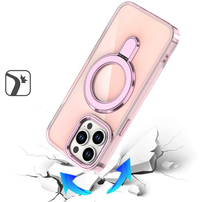 For Apple iPhone 15 Pro Max Chrome Hybrid with Rotating Magnetic Circle Ring Stand, Slim Shockproof Hybrid Case Cover