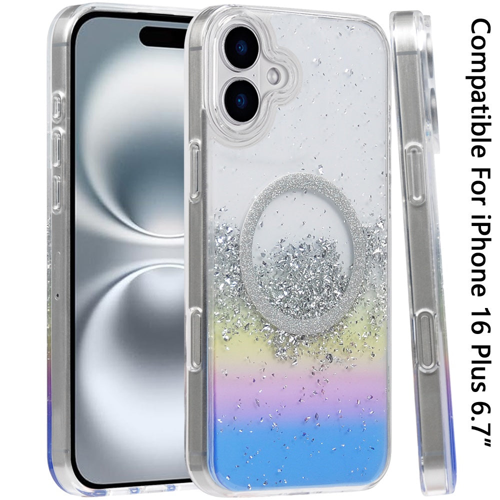 For Apple iPhone 16 Plus (6.7") Transparent Epoxy Glitter Magnetic Circle Compatible with MagSafe Hybrid Bling Sparkle Hard PC Slim TPU Case Cover