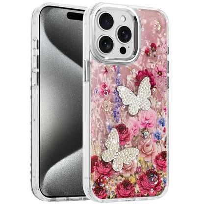 For Apple iPhone 15 Pro Max Epoxy Glitter Flowers Bling 3D Butterfly Fashion TPU Hybrid with Shockproof Protection Case Cover