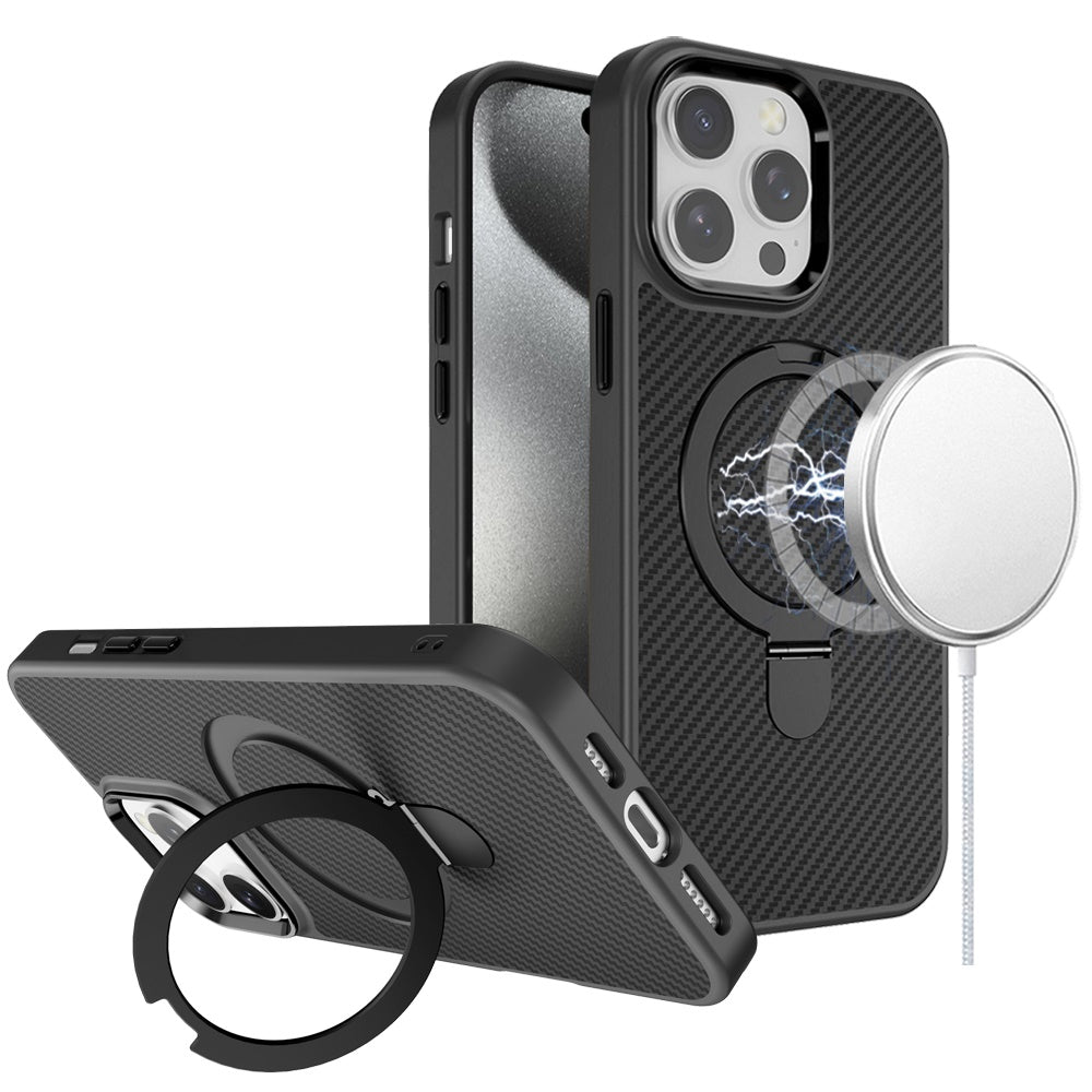 For Apple iPhone 11 Hybrid Carbon Fiber Design with MagSafe Compatible [Magnetic Circle], Ring Stand Shockproof Slim TPU Case Cover