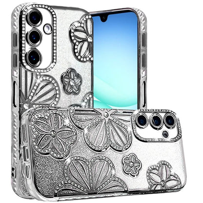 For Samsung Galaxy A17 5G Luxury Flower Design Sparkle Glitter Diamond Rhinestone Shimmer Bling Plating Thick TPU Hard PC Case Cover