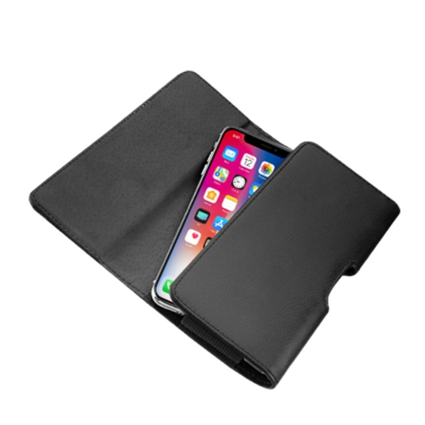 For Apple iPhone 16 Pro (6.3") Universal PU Leather Horizontal Phone Pouch Holder Carrying Case With Fixed Belt Clip Holder, Magnetic Closure [Black]