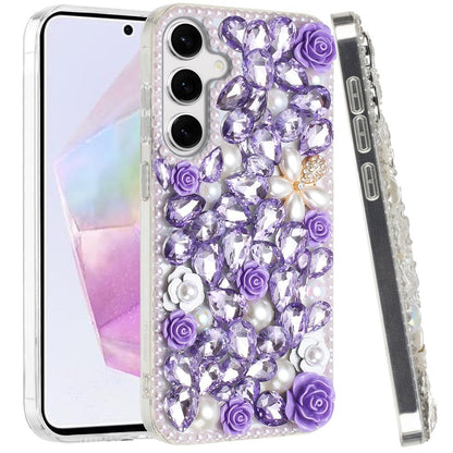 For Samsung Galaxy A36 Fashion Rose Flower Floral Bling Crystal 3D Full Diamonds Pearl Sparkle Rhinestone Glitter Hybrid Case Cover