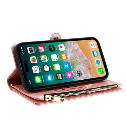 For Apple iPhone SE 4 Wallet Purse Stylish Design with Credit Card & ID Slots, Durable Zipper Storage, Adjustable Lanyard Case Cover Rose Gold