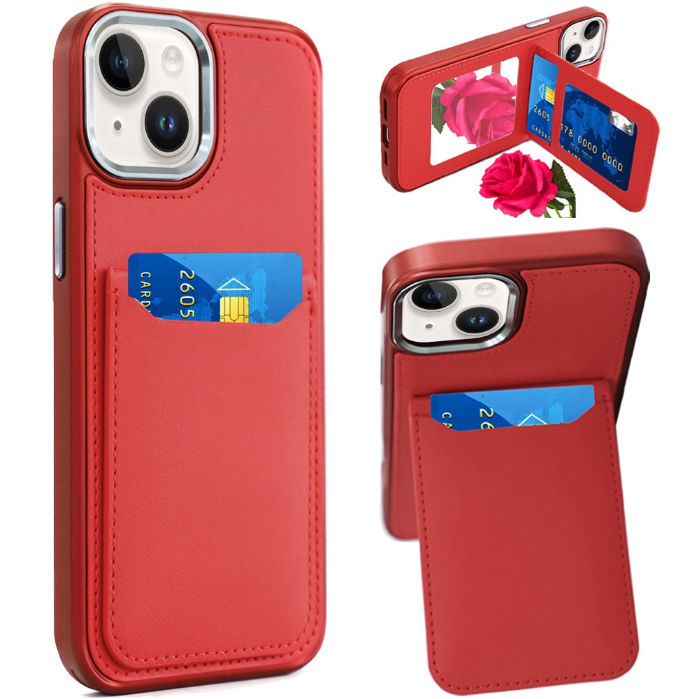 For Apple iPhone 15 Pro Max PU Leather Wallet Cover with Credit Card Holder, Kickstand & Mirror Inside Slim Fit TPU & PC Hybrid Design Case Cover