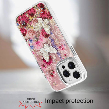 For Apple iPhone 16 Pro Max Epoxy Glitter Flowers Bling 3D Butterfly Fashion TPU Hybrid with Shockproof Protection Case Cover