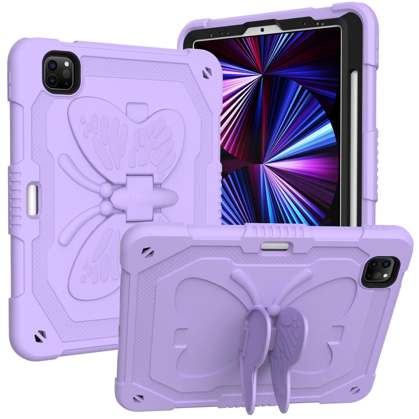 For Butterfly Wings Kickstand 3in1 Tough Hybrid with Pencil Holder Heavy Duty Rugged Shockproof Full Protective Purple Tablet Case Cover