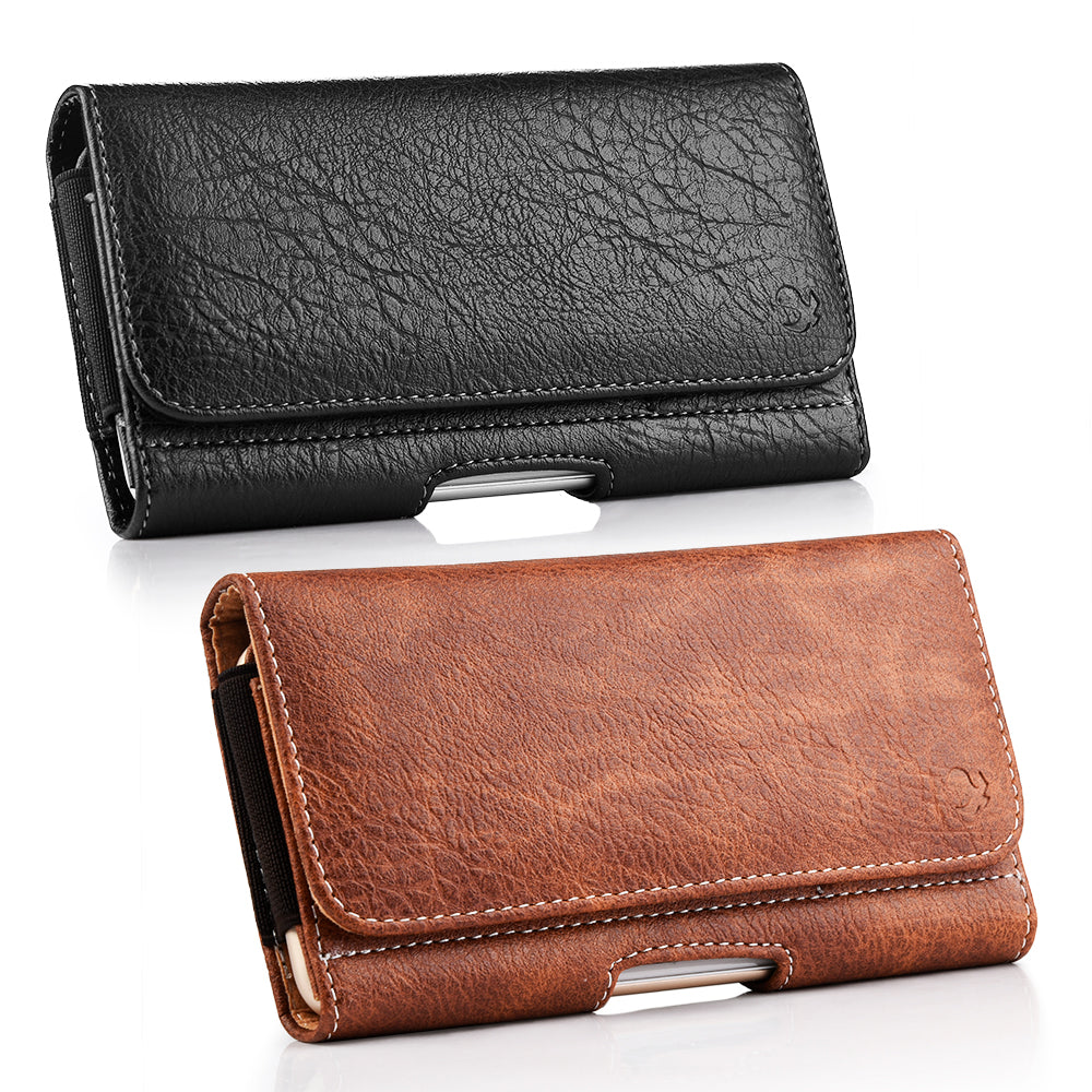 For Apple iPhone 16 Pro (6.3") Universal Horizontal Cell Phone Leather Pouch Holster Carrying Case with Credit Card Slots & Belt Clip Loop Cover [Black]