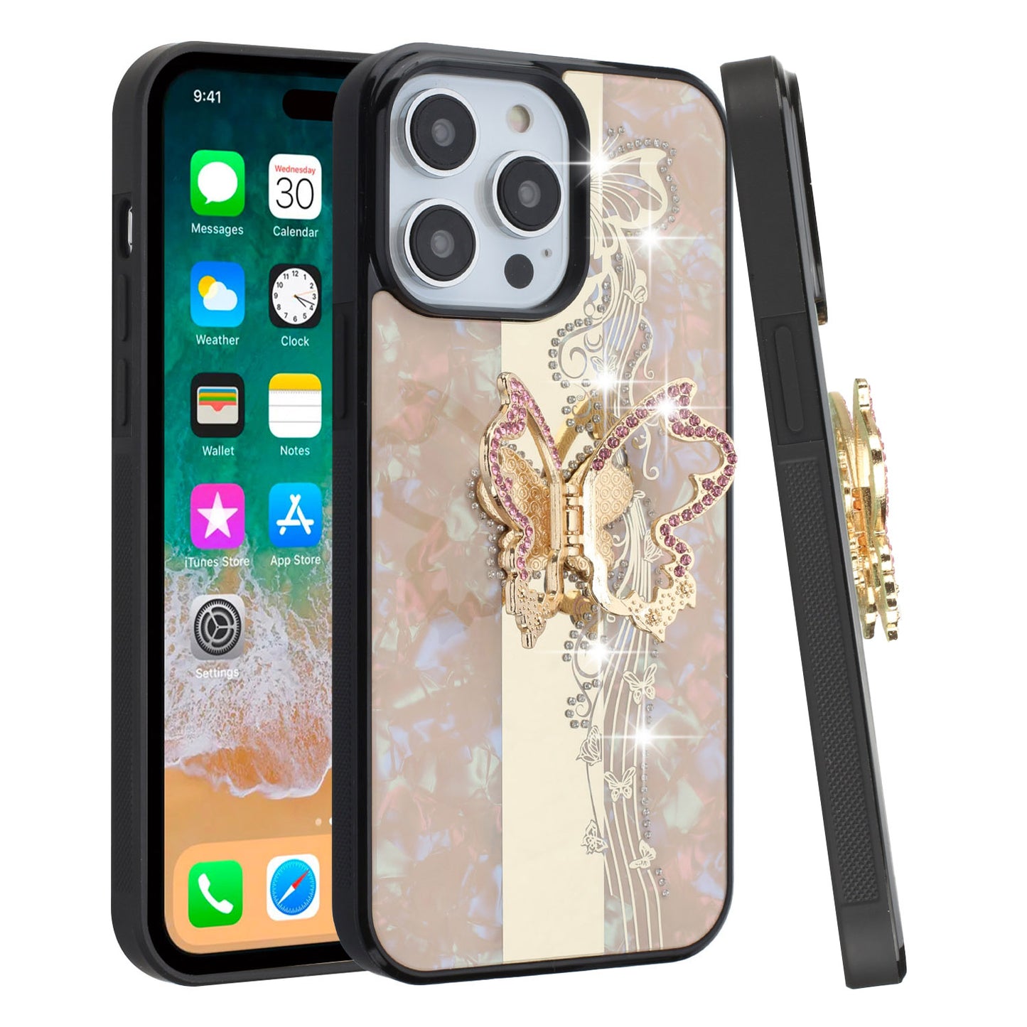 For Apple iPhone 16 Plus (6.7") Diamond Bling Sparkly 3D Back Ornaments Engraving Hybrid with Stand Fashion Case Cover Enchanted Butterfly Gold