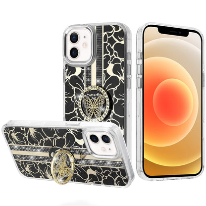 For Apple iPhone 11 Diamonds 3D Butterfly Floral Design Bling Sparkly Glitter Hybrid Metal Fashion with Ring Stand Case Cover