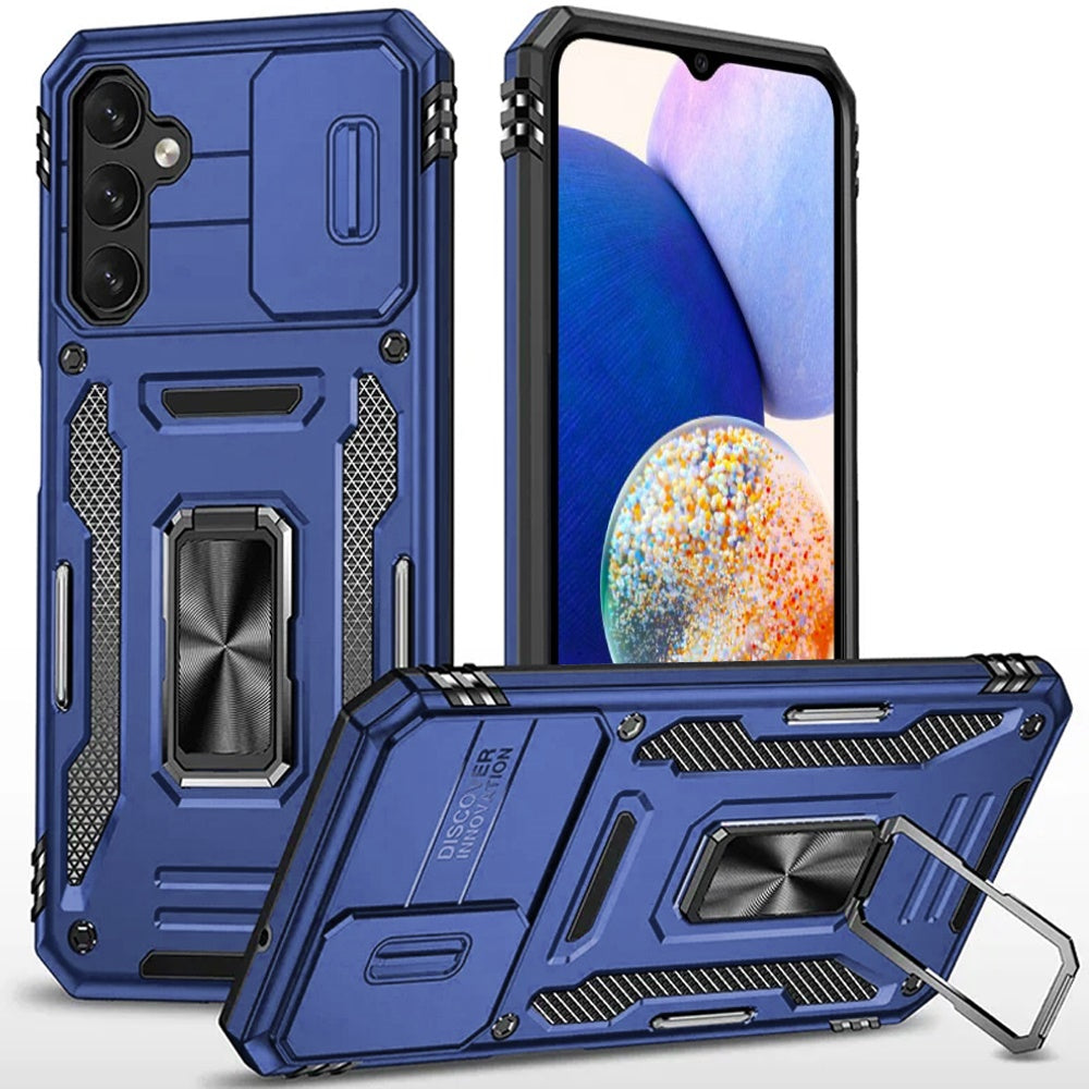 For Samsung Galaxy Z Flip 7 FE Tough Hybrid Case with Movable Camera Window & Metal Ring Stand Shockproof Case Cover Blue