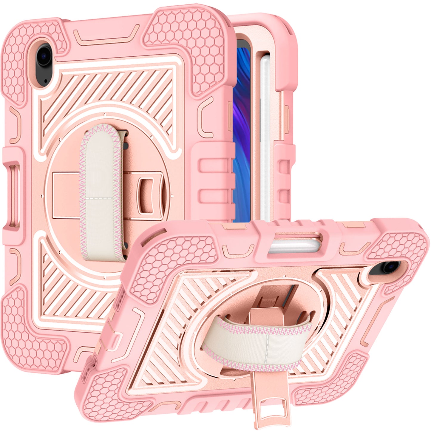 For Hybrid 3in1 Multi-Functional Shockproof Tablet Case with Hand, Shoulder Strap, Pencil & Stand Holder Rose Gold Tablet Case Cover