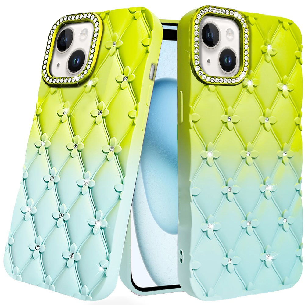 For Apple iPhone 15 Pro Max (6.7") Fashion Flower Design Sparkle Glitter Shimmer Rhinestone Bling Leather Feel Thick TPU Rubber Hard PC Case Cover