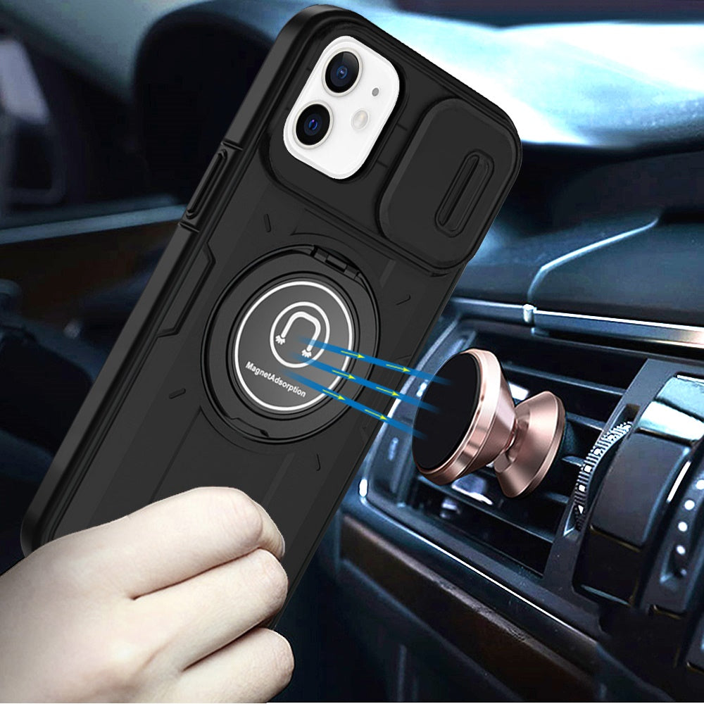 For Apple iPhone 15 Build in Invisible Magnetic Ring Stand with Slide Camera Protector, fit Magnetic Car Mount [Compatible with MagSafe] Case Cover