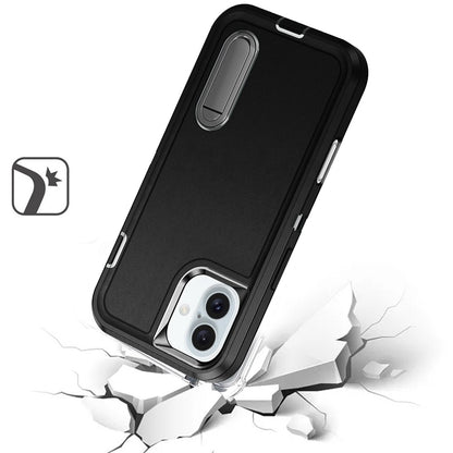 For Apple iPhone 16 (6.1") Hybrid 3 Layers Hard 3in1 Shockproof with Kickstand Heavy Duty Hard TPU Rubber Anti-Drop Case Cover Black