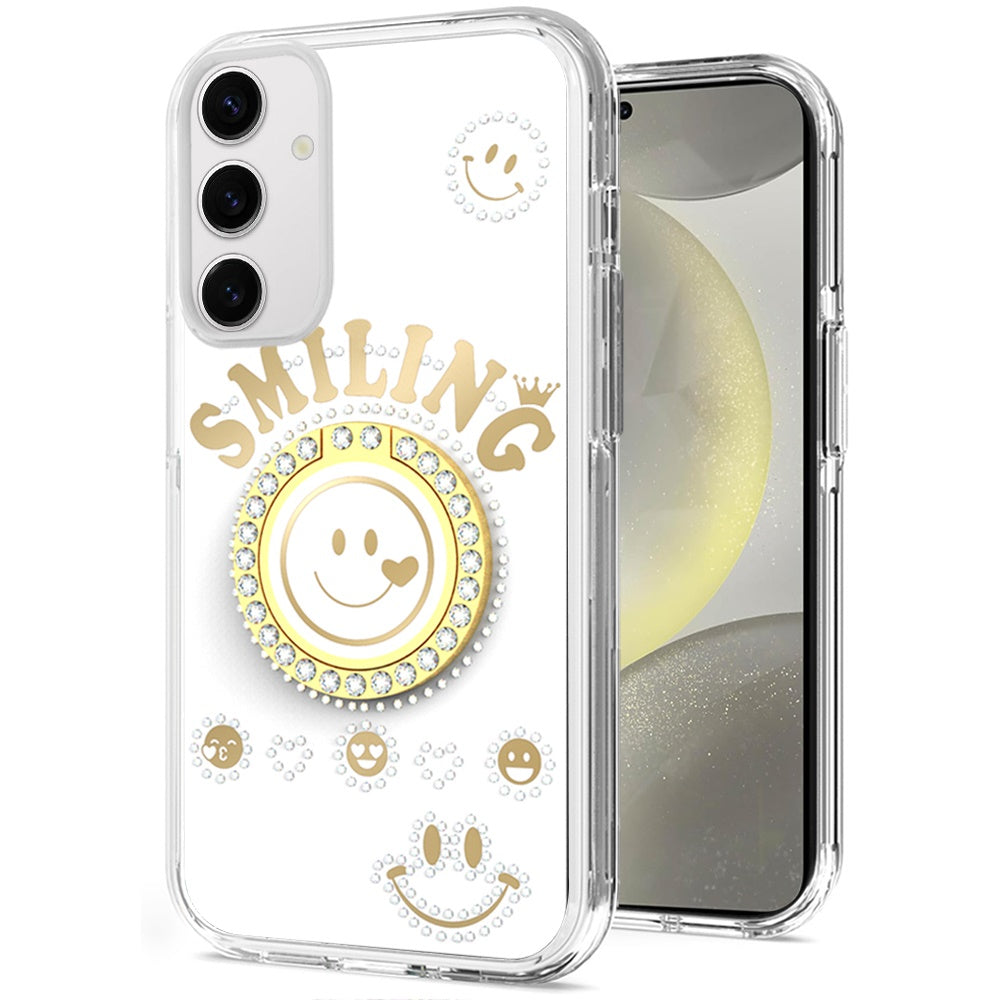 For Samsung Galaxy S25+ /S25 Plus /S24+ Plus Smiling Glitter Ornament Bling Sparkle with Ring Stand Hybrid Slim TPU + Hard Back Shell Case Cover
