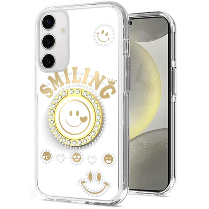For Samsung Galaxy S25+ /S25 Plus /S24+ Plus Smiling Glitter Ornament Bling Sparkle with Ring Stand Hybrid Slim TPU + Hard Back Shell Case Cover