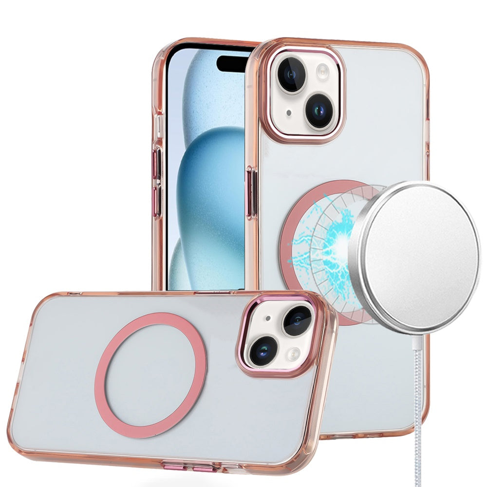 For Apple iPhone 14 Pro Transparent Back Hybrid Case - Magnetic Circle, Color Frame, Metal Buttons, MagSafe Compatible Case Cover Rose Gold