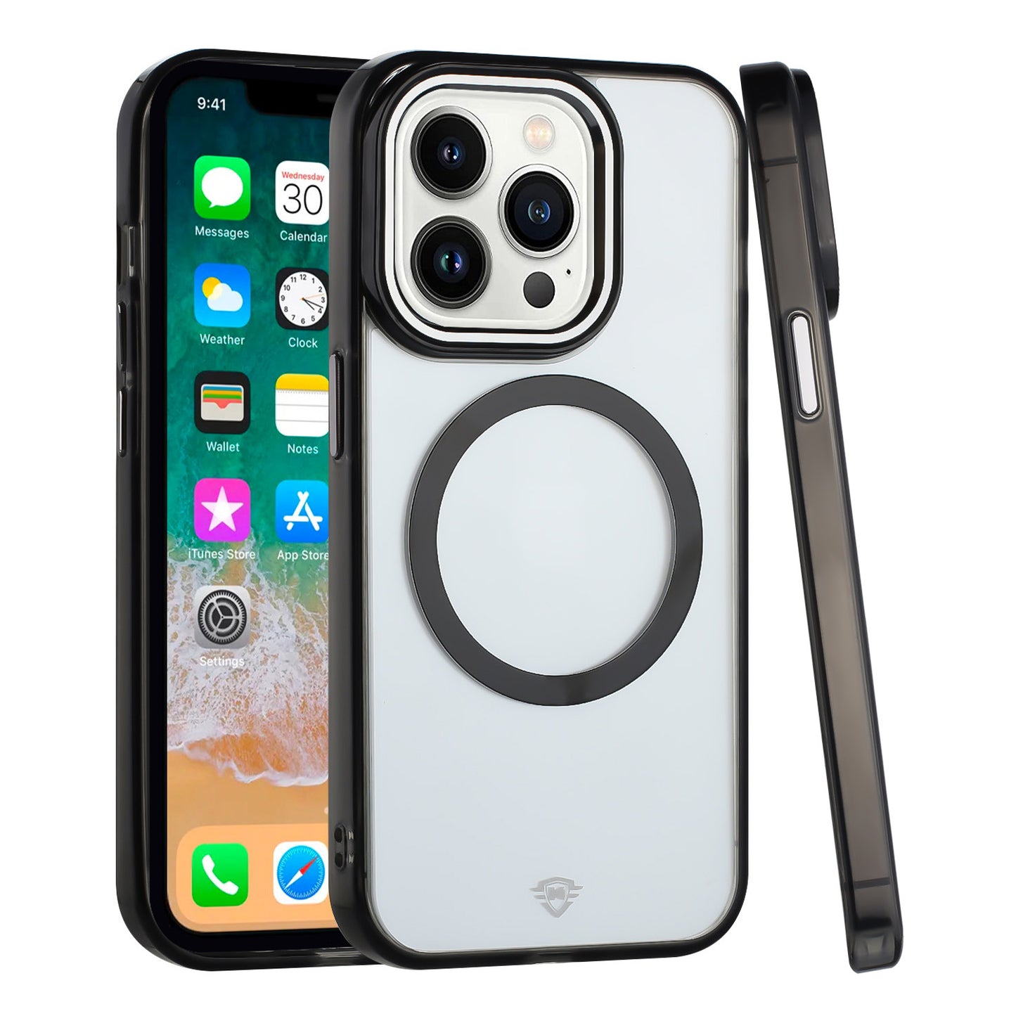For Apple iPhone 15 Pro Transparent Back Hybrid Case - Magnetic Circle, Color Frame, Metal Buttons, MagSafe Compatible Case Cover Black