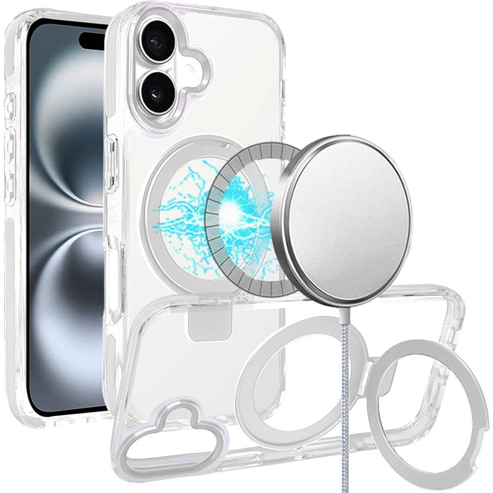 For Apple iPhone 16 Plus (6.7") Hybrid Transparent Circle Back Ring Kickstand [Compatible with MagSafe] Shockproof Color Frame Bumper Case Cover