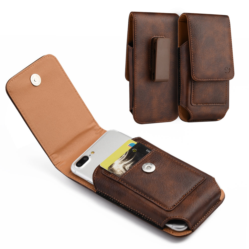 For Apple iPhone 16 (6.1") Universal Vertical Leather Case Holster with Card Slot, Rotation Belt Clip & Magnetic Closure Carrying Phone Pouch [Brown]