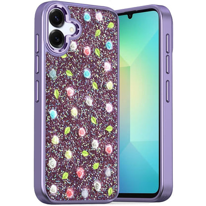 For Apple iPhone 15 Floral Design Embedded Glass Diamond Fancy Fashion Glitter Bling Sparkly Hybrid Rugged TPU Bumper Case Cover Purple