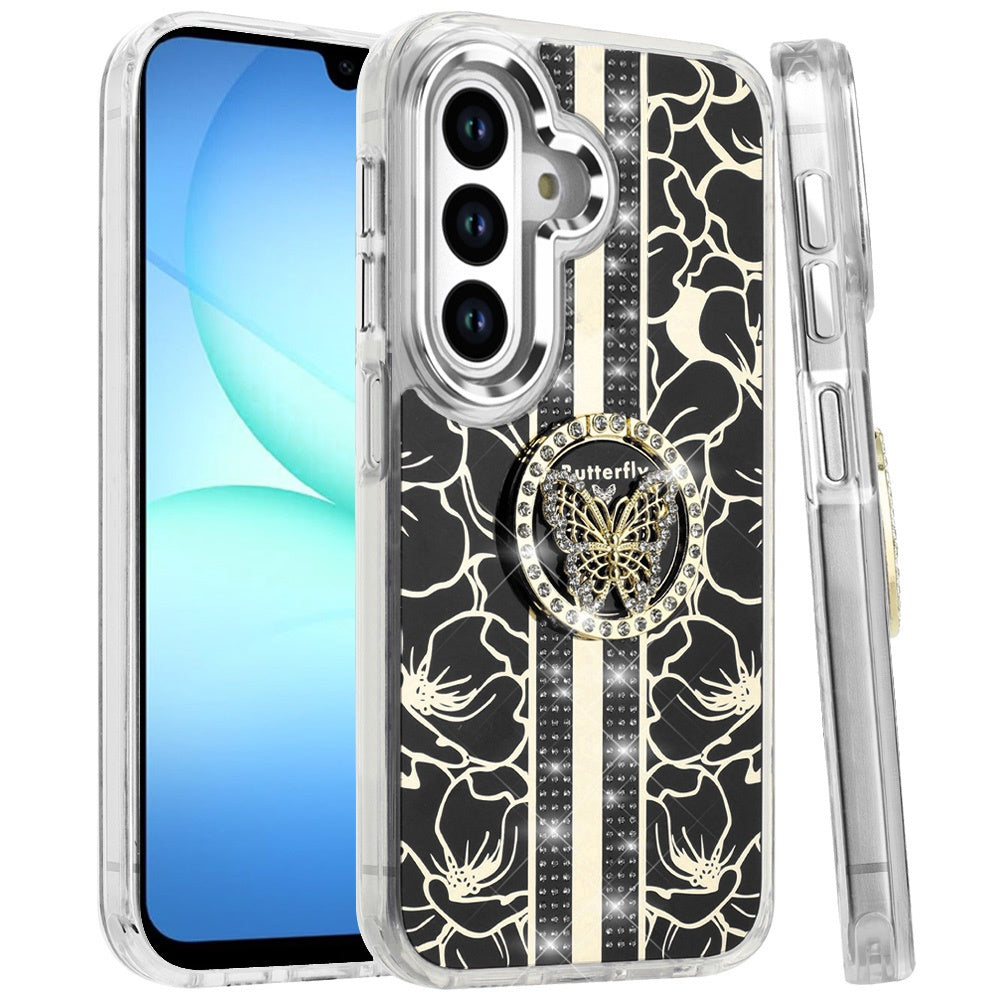 For Samsung Galaxy S25 Fan Edition /Galaxy S25 FE Diamonds 3D Butterfly Floral Design Bling Sparkly Glitter Hybrid Metal Fashion with Ring Stand Case Cover