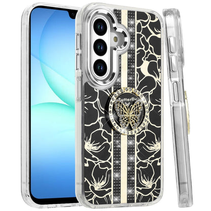 For Samsung Galaxy S25 Fan Edition /Galaxy S25 FE Diamonds 3D Butterfly Floral Design Bling Sparkly Glitter Hybrid Metal Fashion with Ring Stand Case Cover