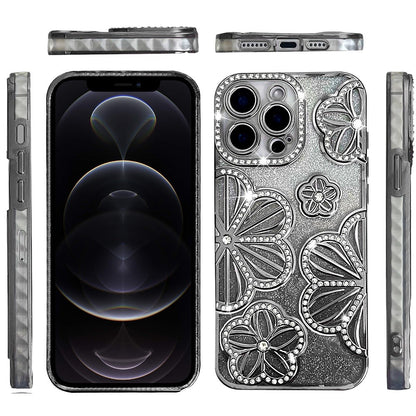 For Samsung Galaxy A16 5G Luxury Flower Design Sparkle Glitter Diamond Rhinestone Shimmer Bling Plating Thick TPU Hard PC Case Cover Flower Black