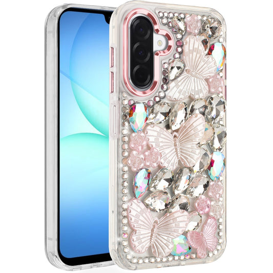 For Samsung Galaxy A17 5G 3D Diamond Floral Butterfly Bling Stone Hybrid, Sparkly Rhinestone Gemstone Back Shockproof Case Cover