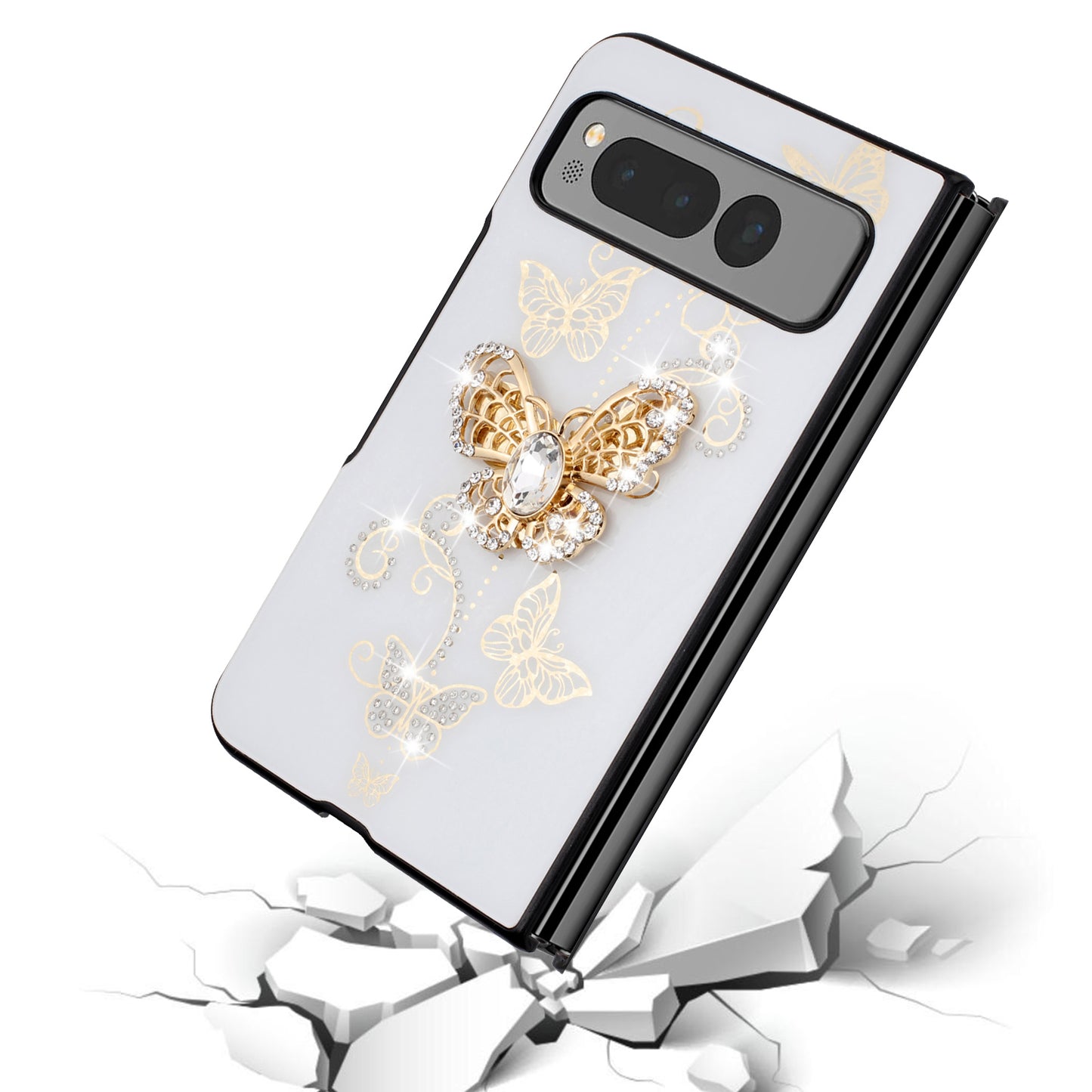 For Samsung Galaxy Z Fold 7 Diamonds 3D Butterfly Bling Sparkly Glitter Ornaments Engraving Hybrid Metal Fashion Case Cover White Garden Butterflies
