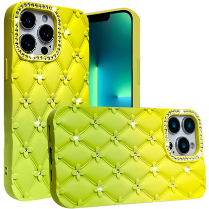 For Apple iPhone 15 Pro Max (6.7") Fashion Flower Design Sparkle Glitter Shimmer Rhinestone Bling Leather Feel Thick TPU Rubber Hard PC Case Cover