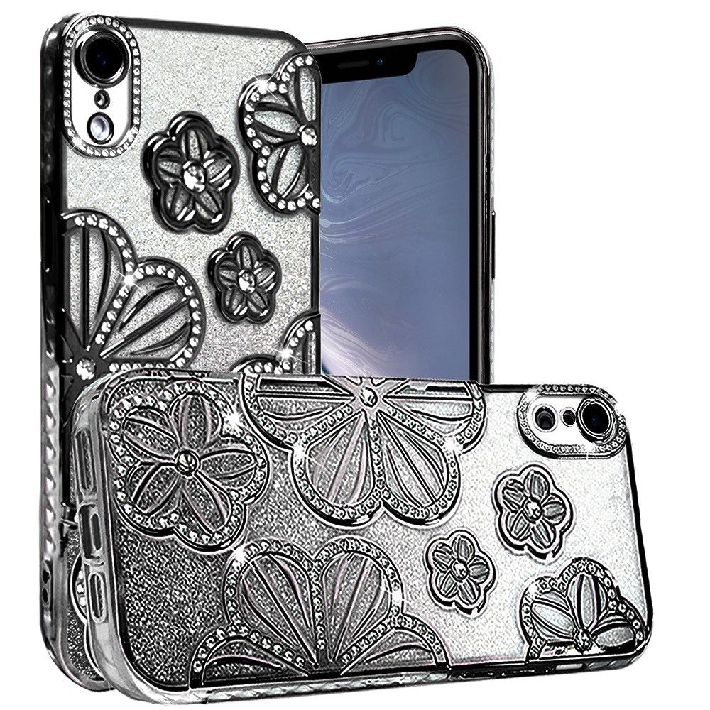 For Apple iPhone XR Luxury Floral Design Sparkle Glitter Diamond Crystal Rhinestone Shimmer Bling Plating Thick TPU Hard PC Case Cover